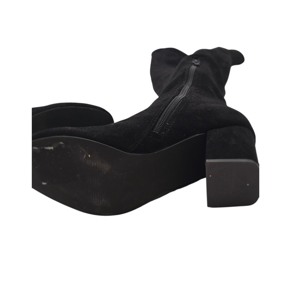 ShoeDazzle Nevaeh Black Over Knee Boots Gold Zip Modern Fall Chic 6 Retro Mod - Picture 3 of 11